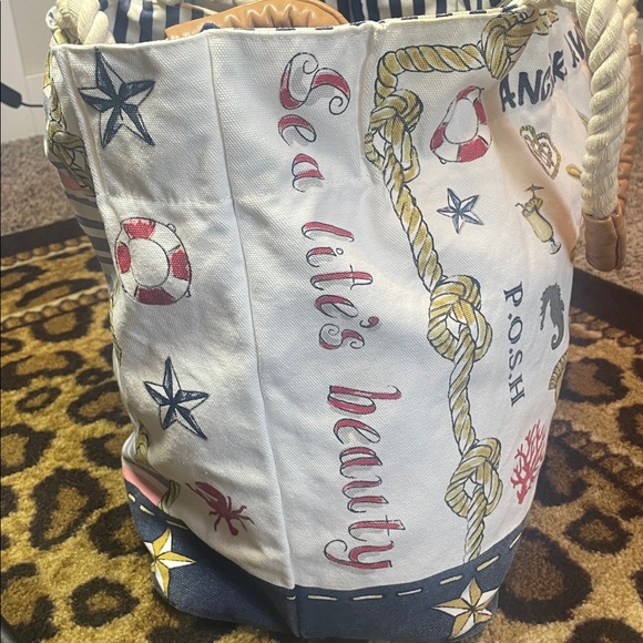 Brighton Nautical Rope Handle Beach Tote Bag – Anchor & Lifesaver Print, 16x15x8 - Picture 5 of 9